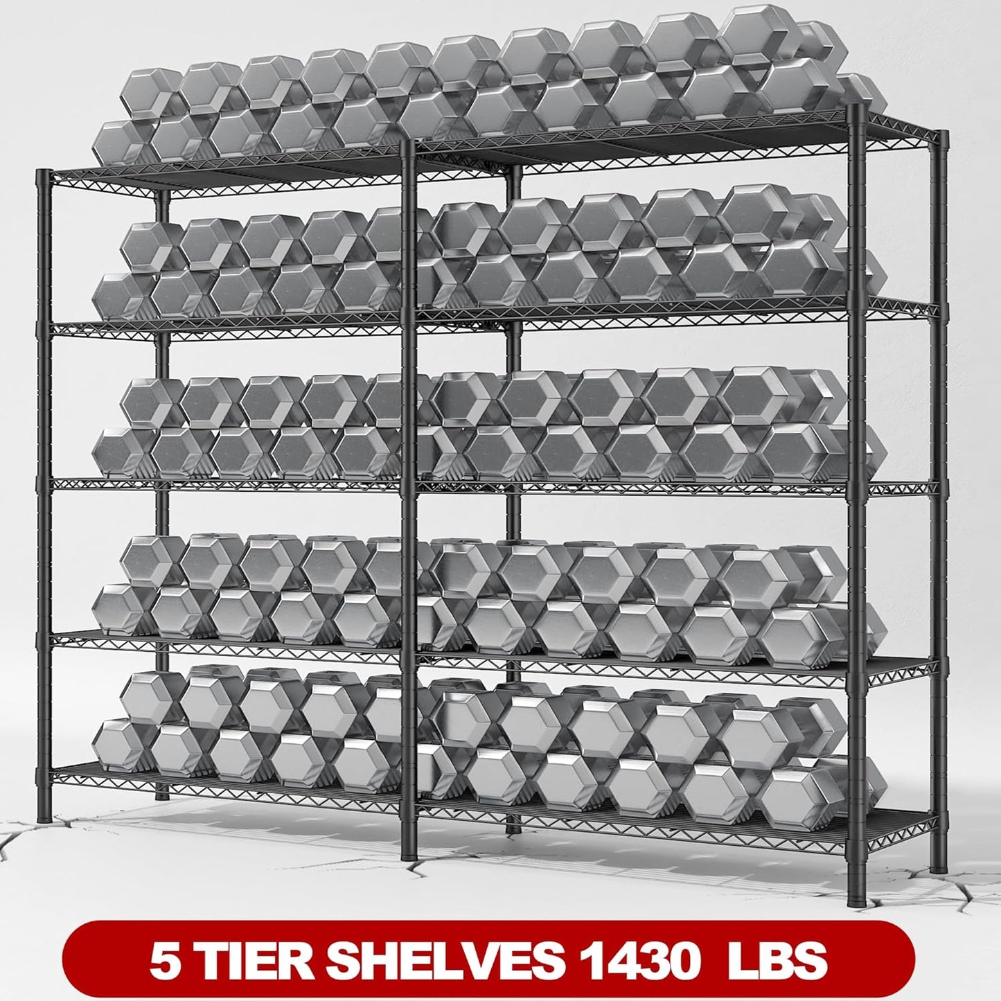 REIBII 5 Tier Wire Shelving Storage Shelves Loads 1430LBS, 58" W Metal Shelving for Storage Adjustable Shelving Unit Heavy Duty Garage Shelves Pantry Shelves Kitchen, Black