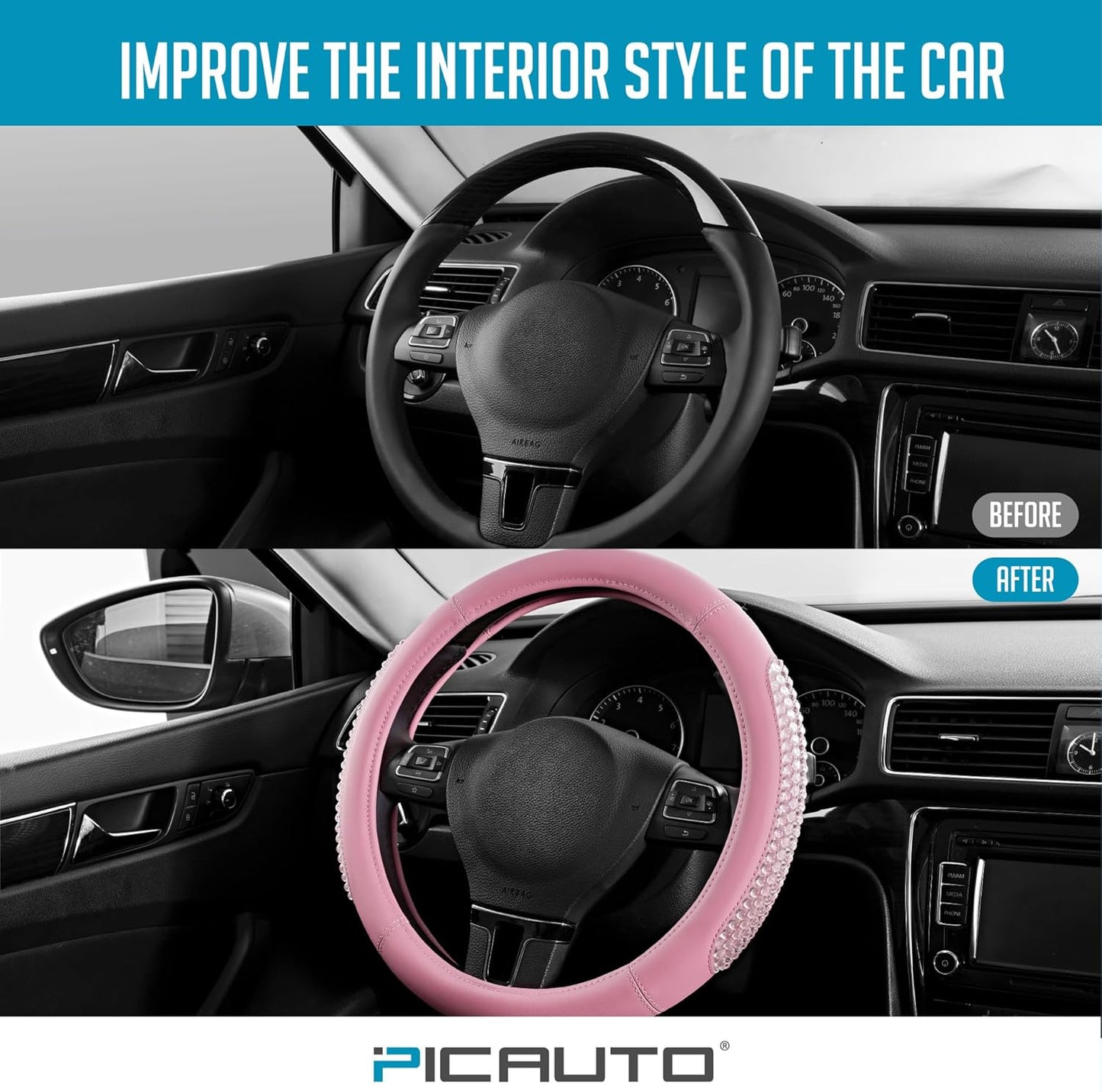 PIC AUTO Gel Particles Steering Wheel Cover, Pink Luxury Leather Car Steering Wheel Protector, Universal Fit 14.5"-15.5" Anti-Slip Car Interior Accessories for Girls & Women