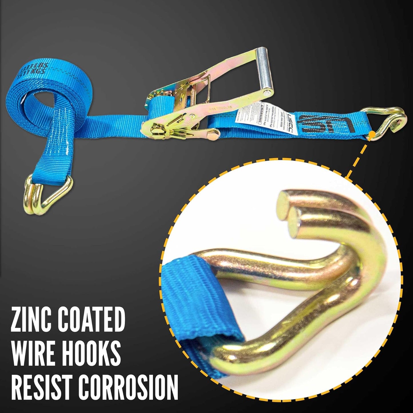 US Cargo Control 2 Inch Wide x 18 Foot Long Heavy Duty Ratchet Strap with J Hooks, Blue Weather Resistant Webbing, 3,333 Pound Working Load Limit