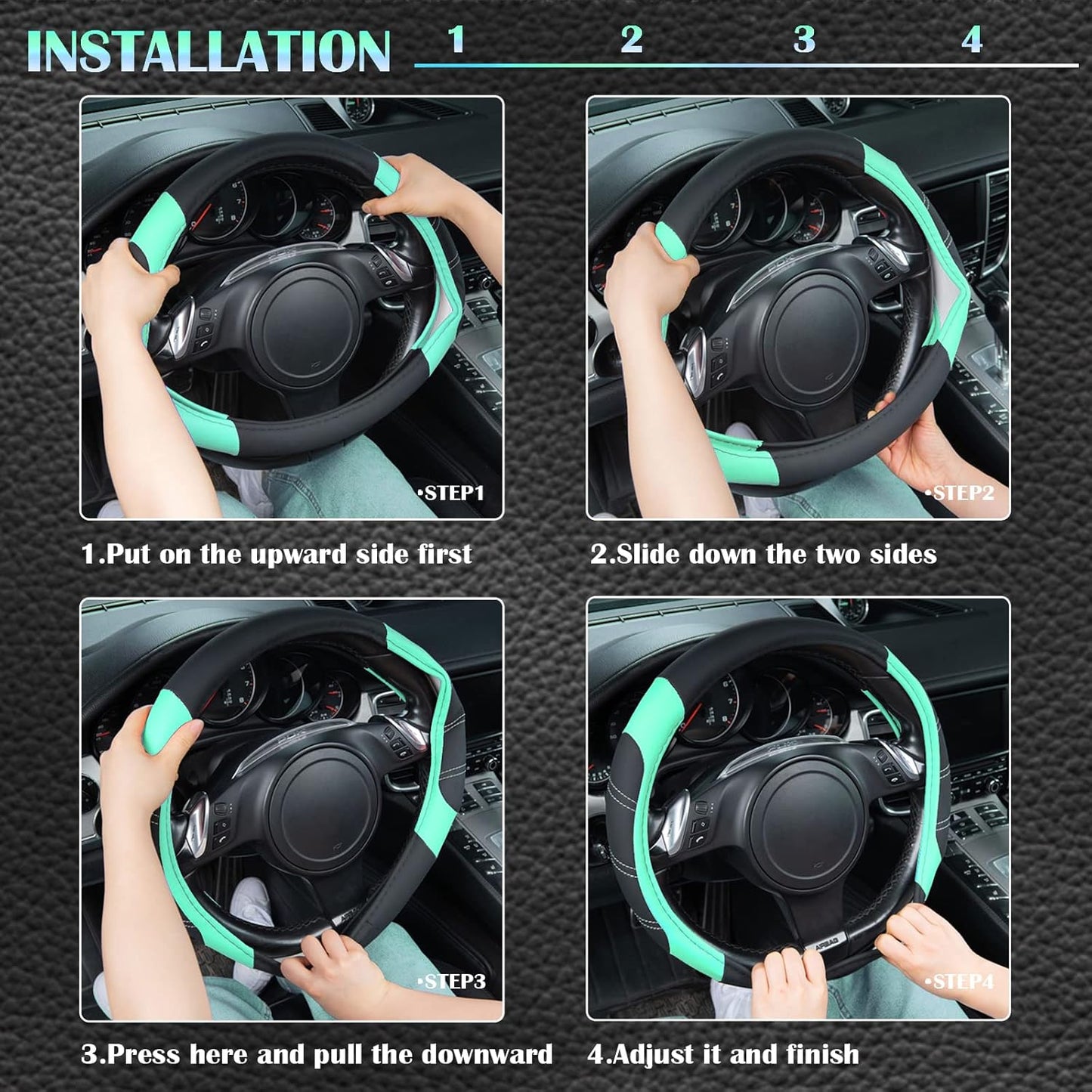CAR PASS Line Rider Microfiber Leather Sporty Steering Wheel Cover Universal Fits for 95% Truck,SUV,Cars, 14.5-15 inch Anti-Slip Safety Comfortable Design (Black Mint Blue)