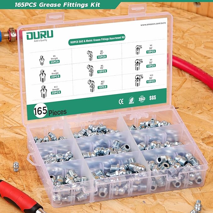 Grease Fittings Assortment, 165PCS Metric Zerk Grease Fittings NPT M6 M8 M10, Straight 45 90 Degree Grease Nipple for Grease Gun