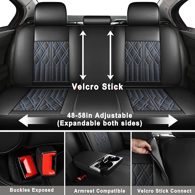 Huidasource Car Seat Covers Full Set, Leather Vehicle Cushion Covers, Universal Fit Most Car Sedan SUV Pickup Truck, Fit for Acura Honda City Nissan Altima Mazda Hyundai Audi (Full Set/Black&Blue)