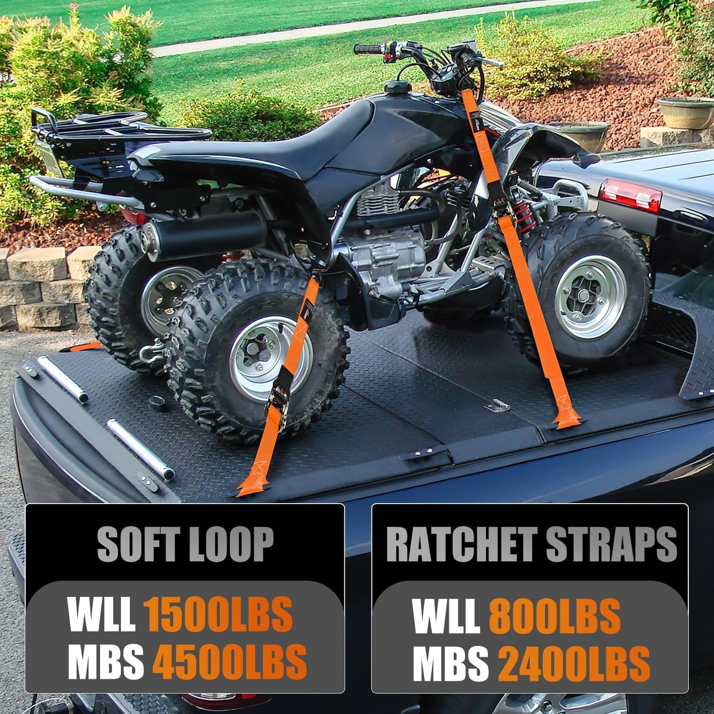 Nilight Ratchet Tie Down Straps 4500Lbs Max Break Strength 1”×15’ Heavy Duty Motorcycle Straps with S Hooks Rubber Handle and 1” ×12’ Soft Loop for UTV Motorcycle Moving Securing Cargo (Orange 4 Pack)