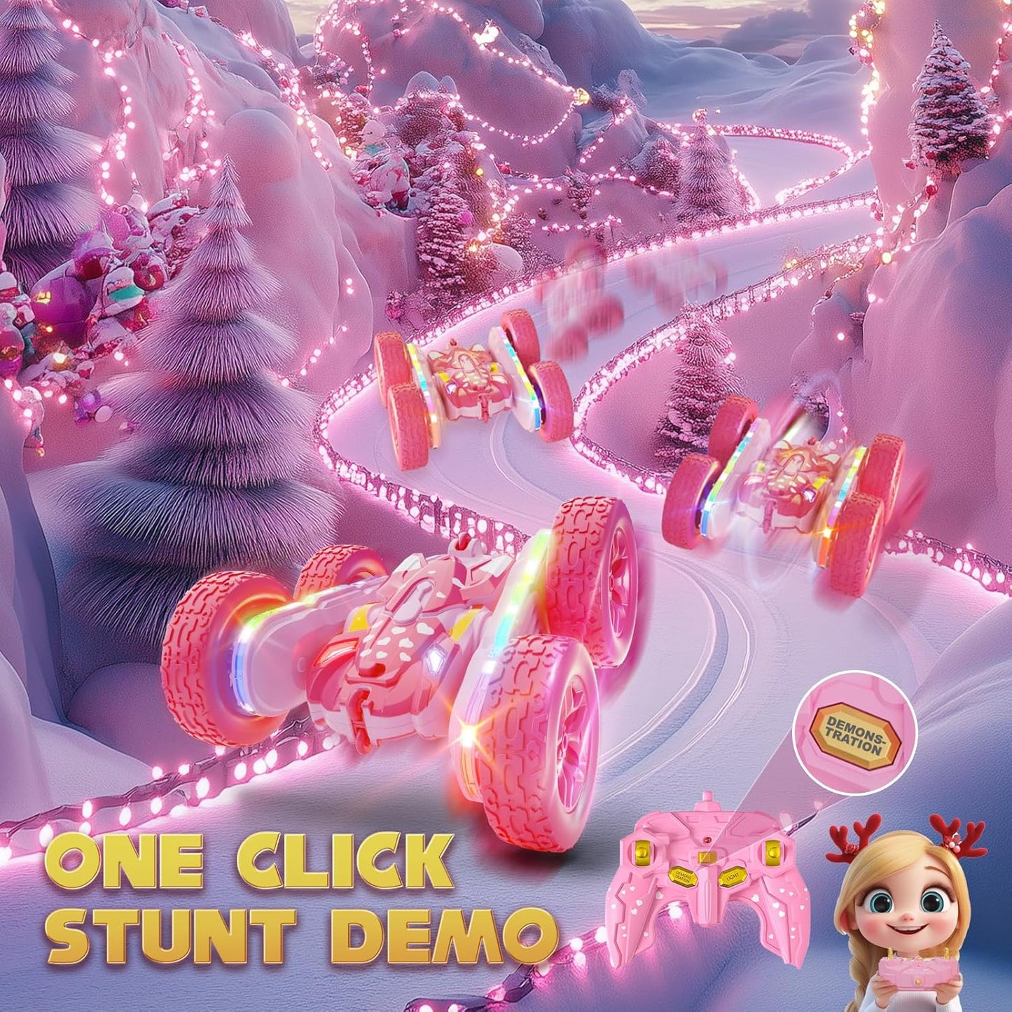 Remote Control Car for Girls, Pink RC Cars Stunt RC Car Girl Toys for Girls Double-Sided 360° Rotating with Headlights 4WD Kid Toys for Birthday Gifts (Pink)