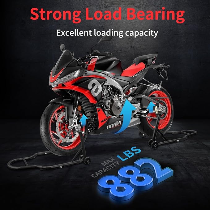 Motorcycle Stand‌ & ‌Lift‌ Combo 882LBS ‌Motorcycle Jack‌ Rear Wheel Stand Universal Fit for Sport Bikes (Yamaha/Kawasaki), Garage/Driveway Use by Mechanics (Black)