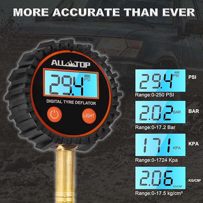 ALL-TOP 4x4 Digital Tire Deflator kit, Professional Tire Pressure Gauge, Air Down Master, Rapid Tire Deflator (250 PSI)