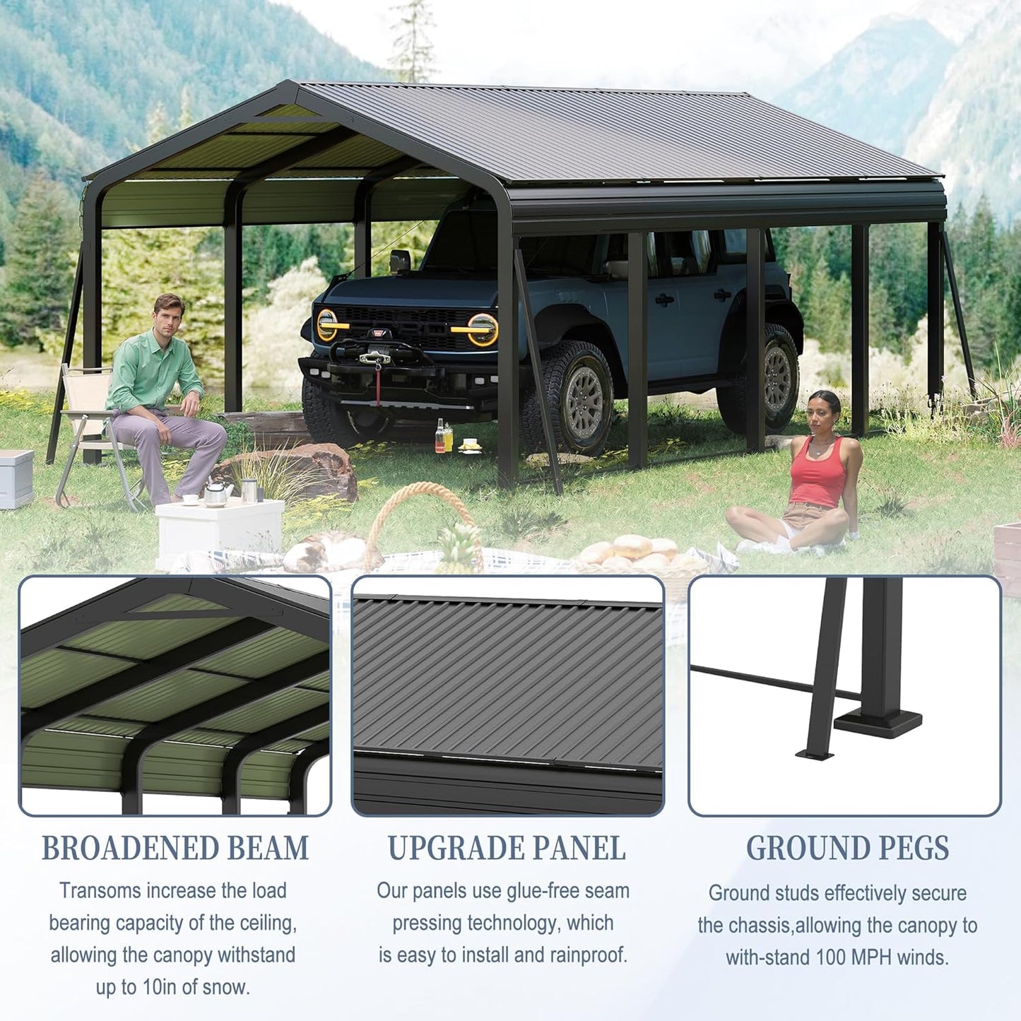 12x20 FT Metal Carport, Heavy Duty Car Port Canopy with Galvanized Steel Roof & Frame, Large Metal Carport Kit, Outdoor Car Garage, Steel Car Shelter for Car, Boat, Truck, Dark Gray