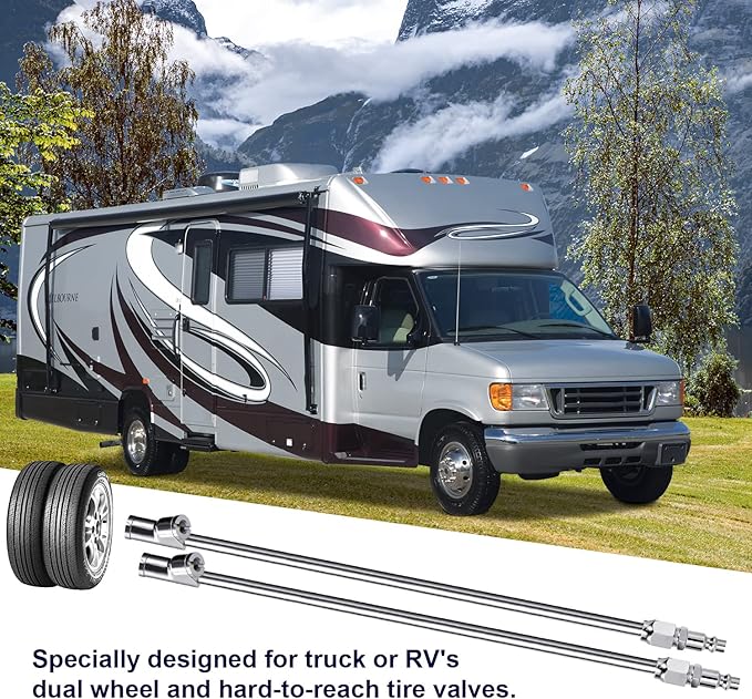 2-Way Connection 13.8" Extended Air Chuck Set, 1/4 in FNPT Straight Foot Dual Head Tire Inflate Chuck with Standard Quick Plug, Tire Air Compressor Fill Kit for Truck RV Dually Tires