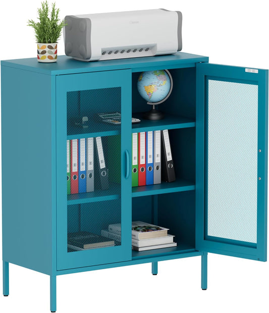 Metal Storage Cabinet with Mesh Doors,Steel Display Cabinet with Adjustable Shelves,Metal Office Storage Locker for Home Office,Garage(Blue, 40''H)