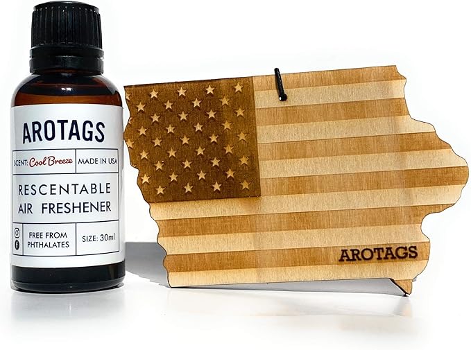 Arotags Car Air Freshener - Reusable Wood Diffuser - Hanging Odor Eliminator - Iowa Patriot - Cool Breeze Scent