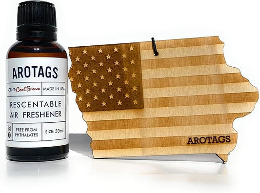 Arotags Car Air Freshener - Reusable Wood Diffuser - Hanging Odor Eliminator - Iowa Patriot - Cool Breeze Scent
