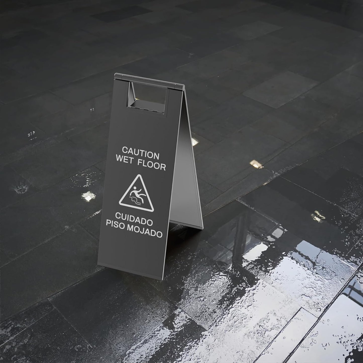 Stainless Steel Wet Floor Sign 2 Pack, 24 Inch Double-Sided Foldable Caution Sign with Handle, 8.8 lb Bilingual Warning for Restaurant, Office, Commercial Cleaning Use, Black