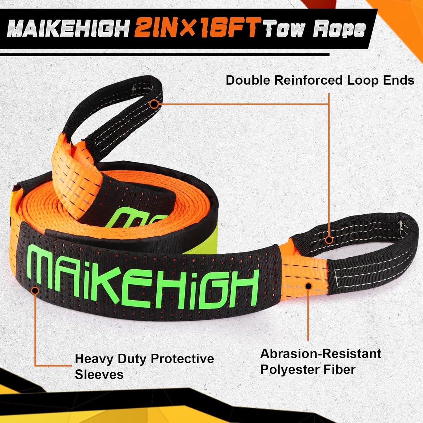 MAIKEHIGH Tow Strap Heavy Duty with Hooks, 2"×16ft 22,000Lbs Tow Rope with D-Ring Shackles (2pcs) + Protective Gloves (2pcs), Emergency Recovery Strap for Car Truck SUV ATV (Orange)