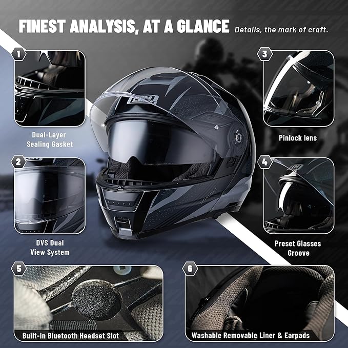 LEM Modular Motorcycle Helmets Fiberglass, Full Face Motorcycle Helmet Flip Up for Touring, DOT Certified, Release Sun Visor & Removable Comfort Liner, Lightweight Street Bike Helmet (Grey/Black,L)