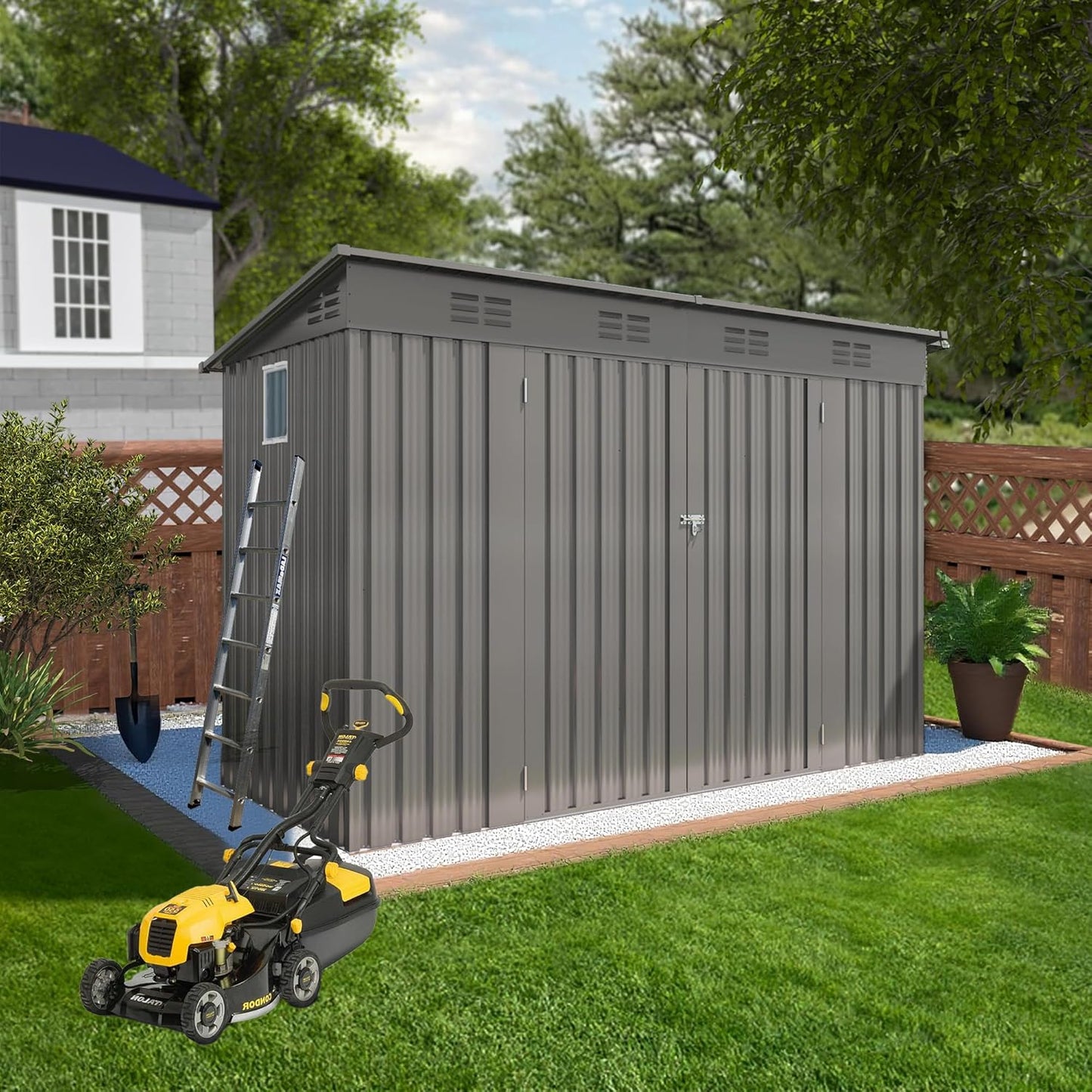 4x9 FT Lean to Shed with Window, Metal Sheds & Outdoor Storage with 6 Vents and 2 Swing Doors, Outdoor Storage Shed Waterproof for Backyard, Garden, Patio, Gray