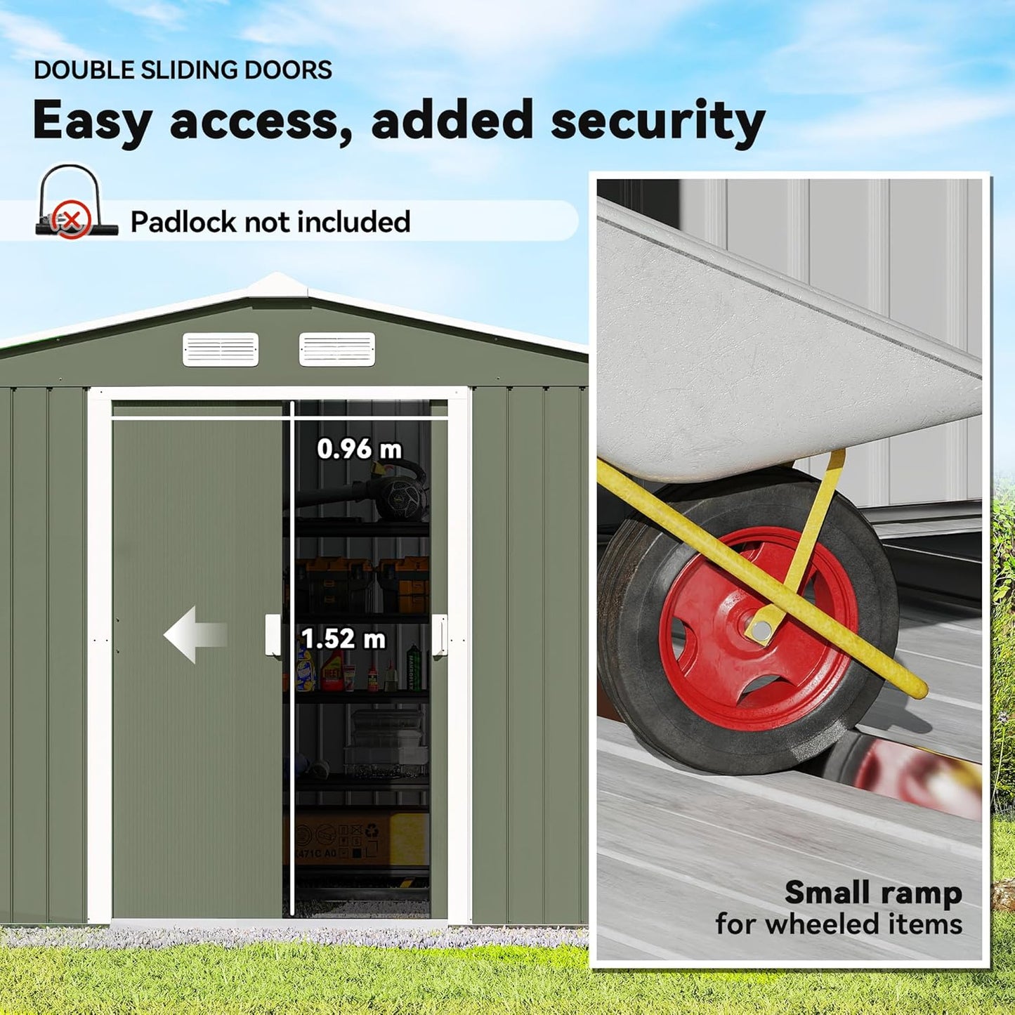 Outsunny 9' x 6' Outdoor Storage Shed, Garden Tool Metal Shed with Foundation Kit, Double Lockable Door, Air Vents and Sloping Roof, for Backyard, Patio, Lawn, Green