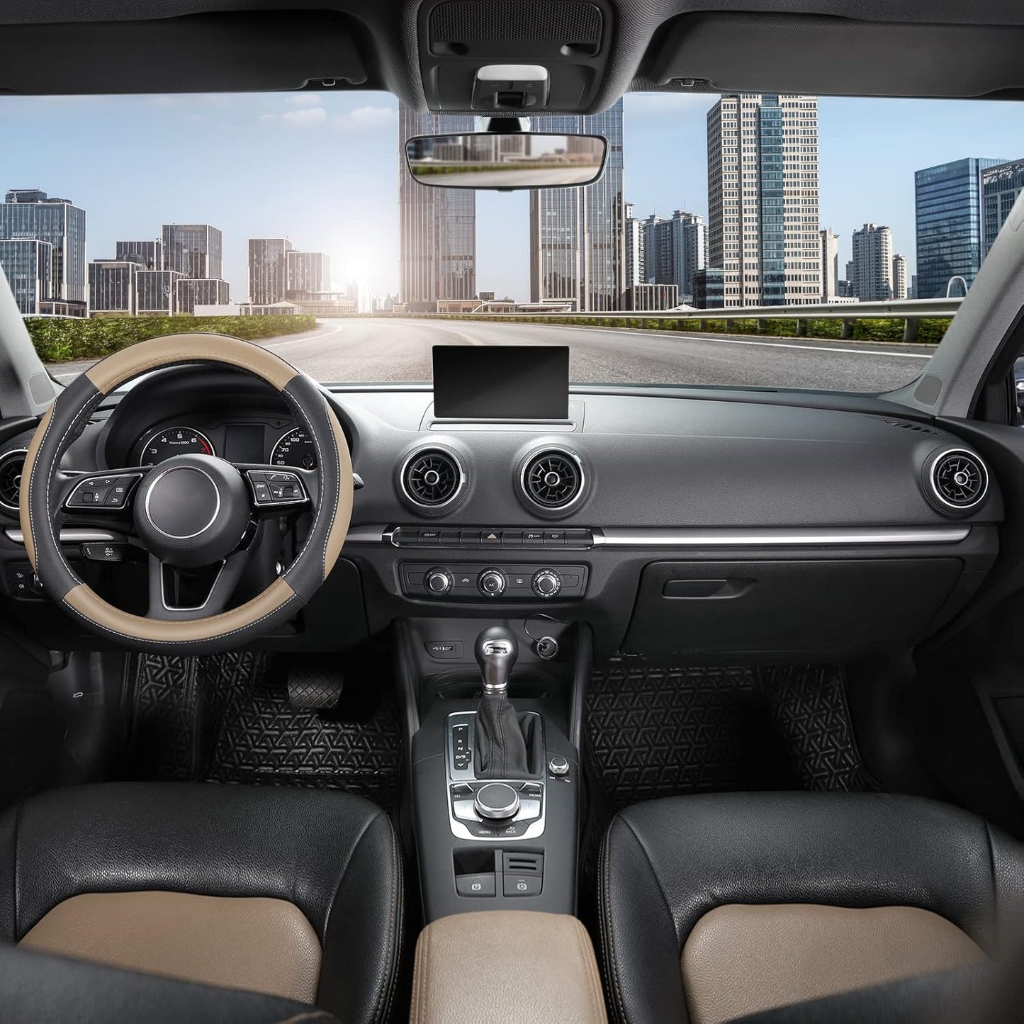 SEG Direct Car Steering Wheel Cover for Prius Civic Model 3 Model Y Camaro, Small Size 14-14.25 inch, Black and Beige Microfiber Leather