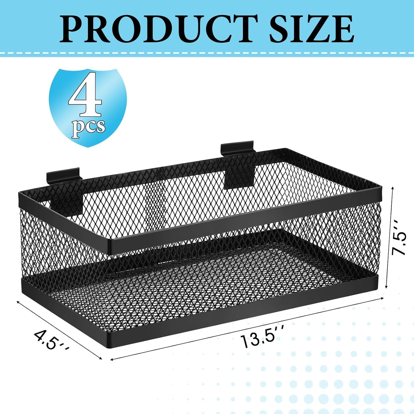 Coume 4 Pcs Black Slatwall Baskets 4 Size Metal Mesh Wire Basket for Slatwall Panels Ventilated Wall Mounted Hanging Accessories for Home Garage Retail Store Display Organizing(13.5 x 7.5 x 4.5 Inch)