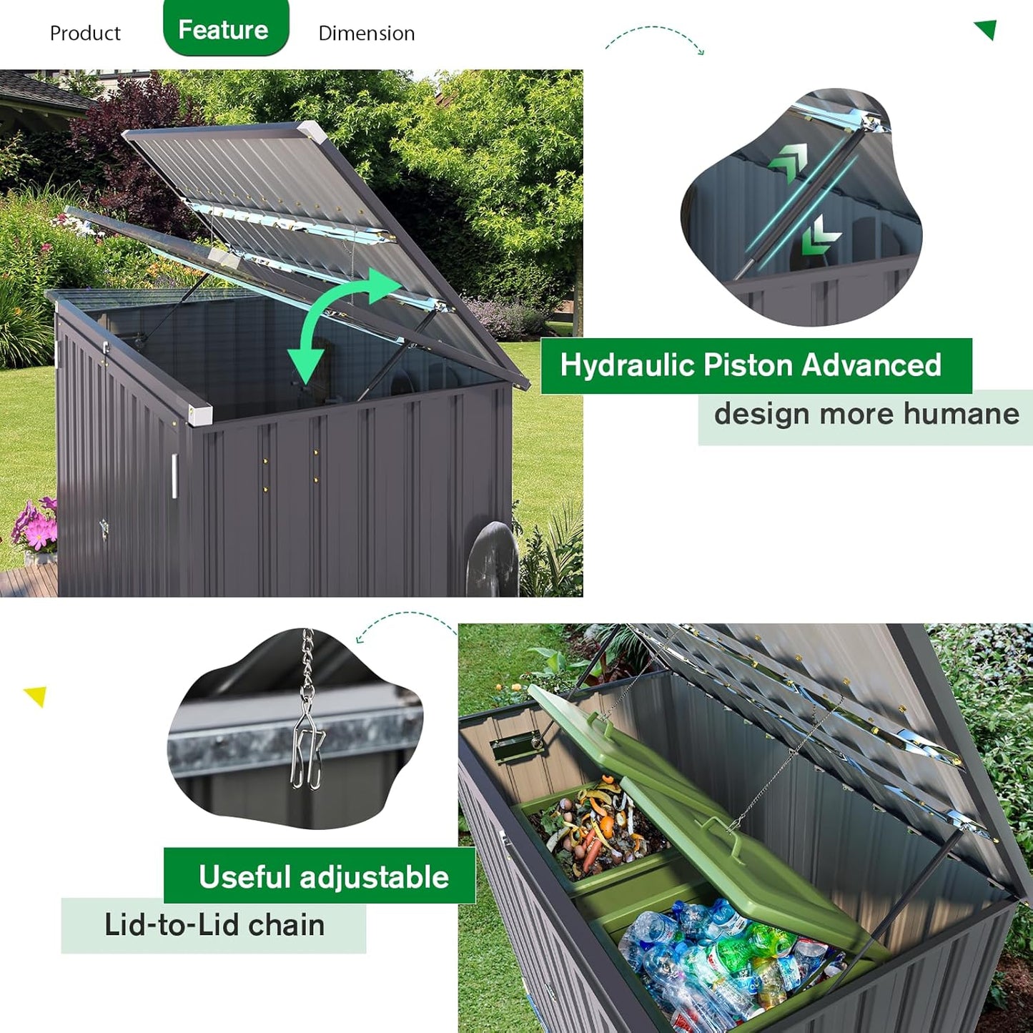 AECOJOY Outdoor Trash Can Storage Shed, 46 Cu.Ft Outside Garbage Can Storage Shed, Dark Grey Outdoor Horizontal Storage Cabinet Waterproof, Bike Sheds & Outdoor Storage Clearance