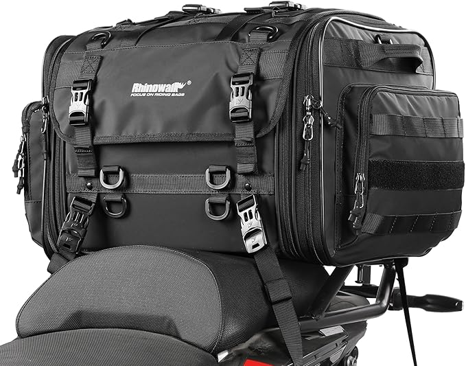 Rhinowalk Motorcycle Tail Bag Waterproof Saddlebag 40L to 60L Expandable Large Capacity Luggage for Motorbike Touring, Durable Powersports Travel Storage (60L, Black)