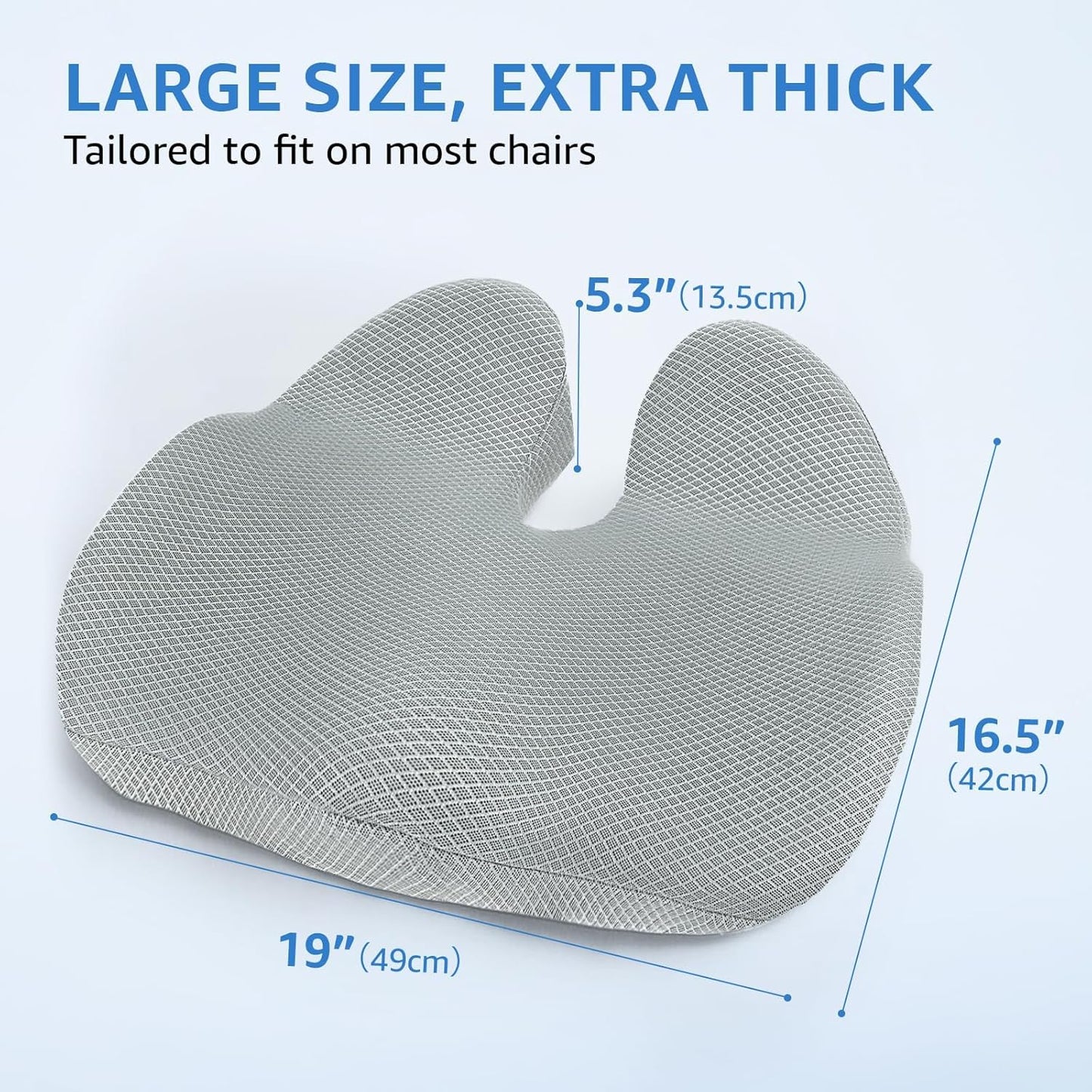 Extra Large Office Chair Cushion, 19" x 17" Ergonomic Memory Foam Seat Cushion for Tailbone, Back, Sciatica & Hip Pain Relief, Booster Pad for Sitting & Driving, Removable Washable Cover, Grey