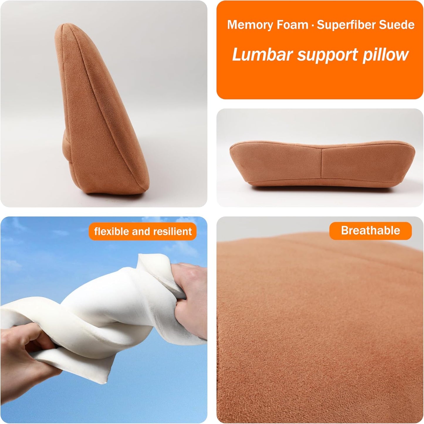1P Lumbar Support Pillow,15.5x8.7 Memory Foam,Superfiber Suede,Drive car Back Pillows,seat,Office,Rest,Improve Posture(Orange-Brown)