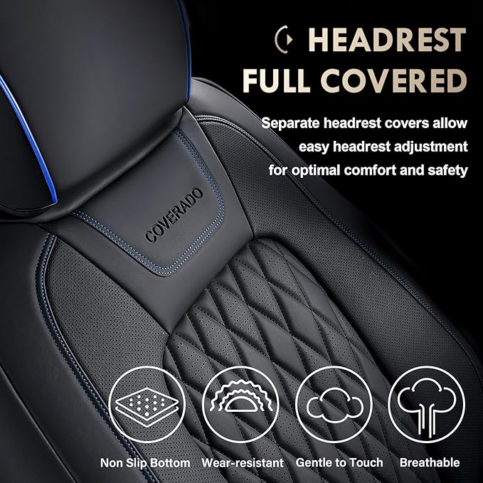 Coverado Leather Ford F150 Seat Covers Full Set, Automotive Seat Covers for Pick-up Truck, Waterproof Cushion Cover for 2015-2025 F150 and 2017-2025 F250 F350 F450 (Blue line)