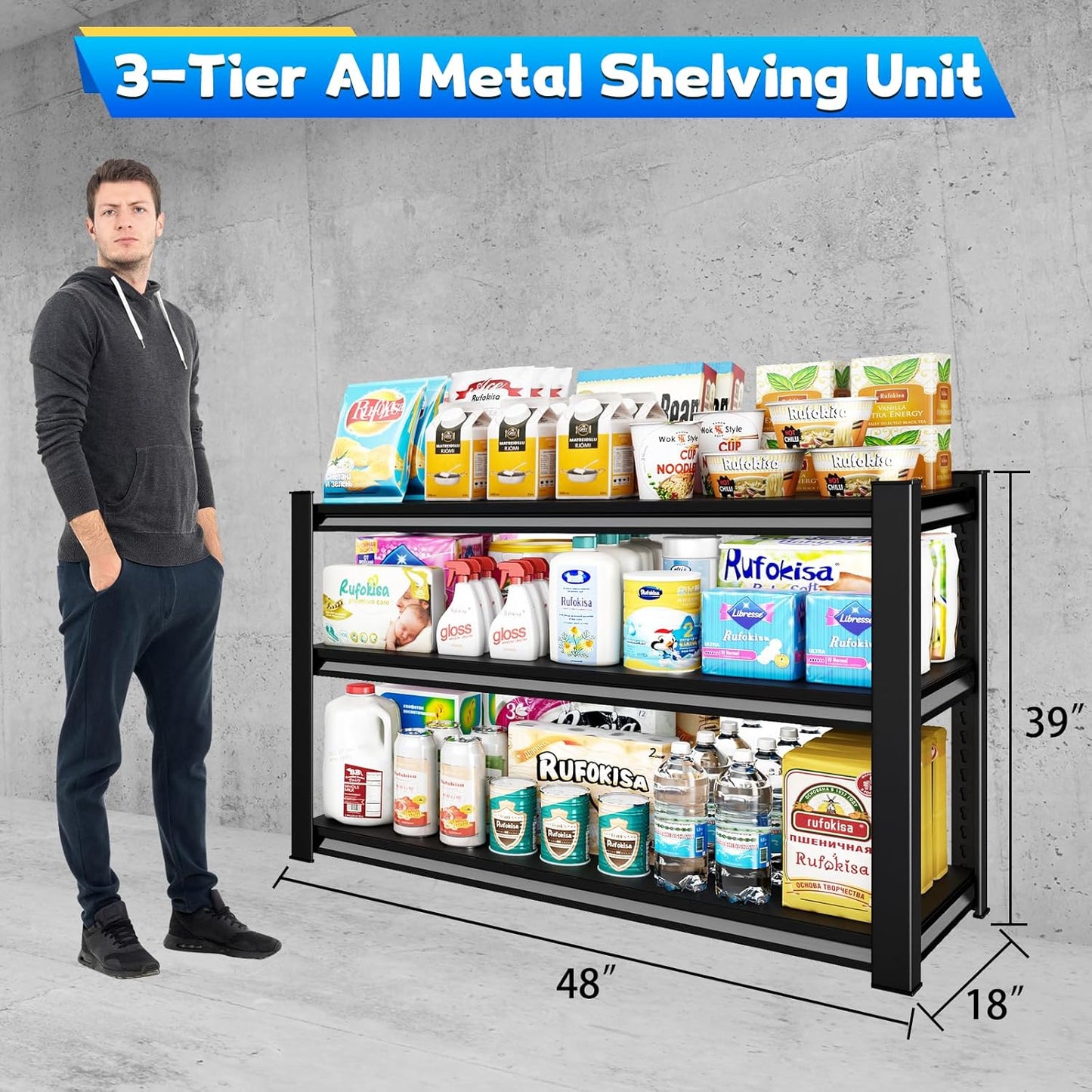 3-Tier Garage Shelving Heavy Duty，48" W Metal Shelving Unit for Garage, 1650 lbs Load Capacity Utility Rack Shelves＆ Garage Shelves, 48”W x 18”D x 39”H(Black)
