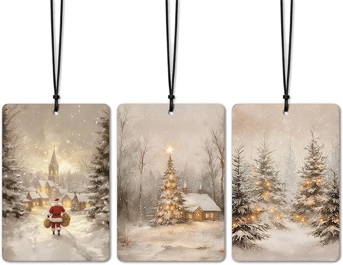 Christmas Car Air Freshener 3 Pcs, Vintage Winter Xmas Books Santa Cabin Pine Tree Forest Hanging Air Freshener for Cars Closet Drawer Books, Christmas Car Accessories for Women Men