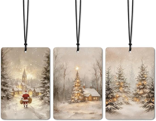 Christmas Car Air Freshener 3 Pcs, Vintage Winter Xmas Books Santa Cabin Pine Tree Forest Hanging Air Freshener for Cars Closet Drawer Books, Christmas Car Accessories for Women Men