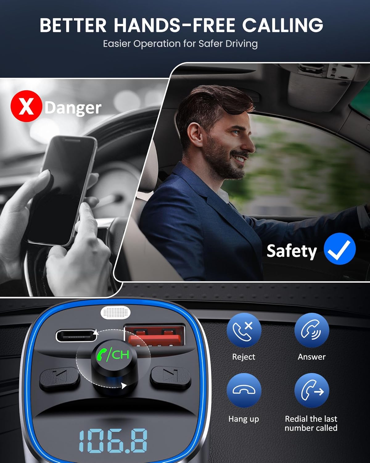 LENCENT Bluetooth 5.4 FM Transmitter Car Adapter 48W [PD 30W & 18W] [7 Color Light] [Fast Charging] Wireless Radio Music Adapter Hands-Free Calling, Support USB Drive & TF Card
