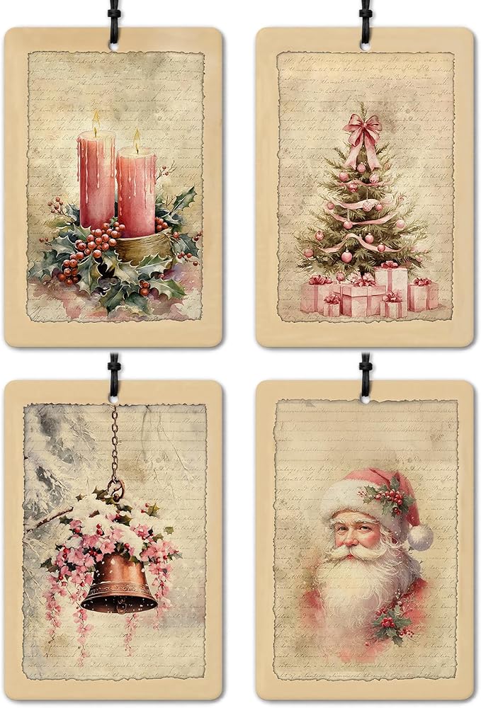 Pink Christmas Car Air Freshener 4 Pcs, Vintage Winter Pink Xmas Candle Tree Bell Santa Claus Hanging Air Freshener for Cars Closet Drawer Books, Girly Christmas Car Accessories for Women