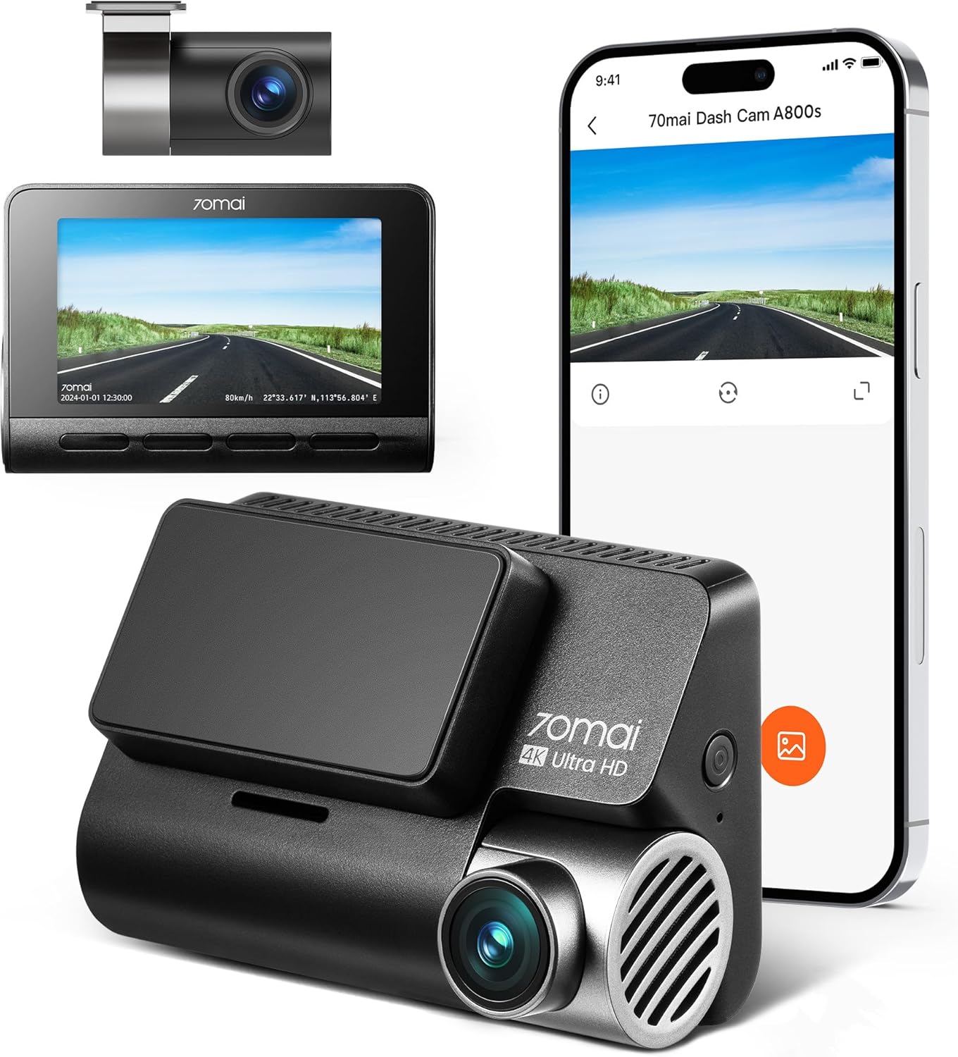 70mai 4K Dash Cam Front and Rear with STARVIS, Built in 5GHz WiFi & GPS Car Camera, Super Night Vision, ADAS, 3'' IPS Screen, 24H Parking Mode, Time-Lapse, Loop Recording, Support 256GB Max (A800S)
