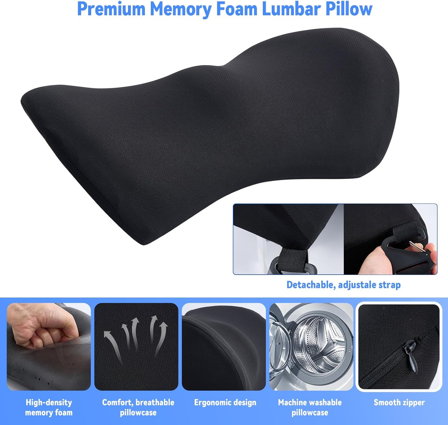 Lumbar Support Pillow for Office Chair and Car Seat, Lumbar Pillow with Adjustable Strap, Memory Foam Back Pillow for Lower Back Pain Relief, Back Support Pillow for Sitting, Driving, Traveling