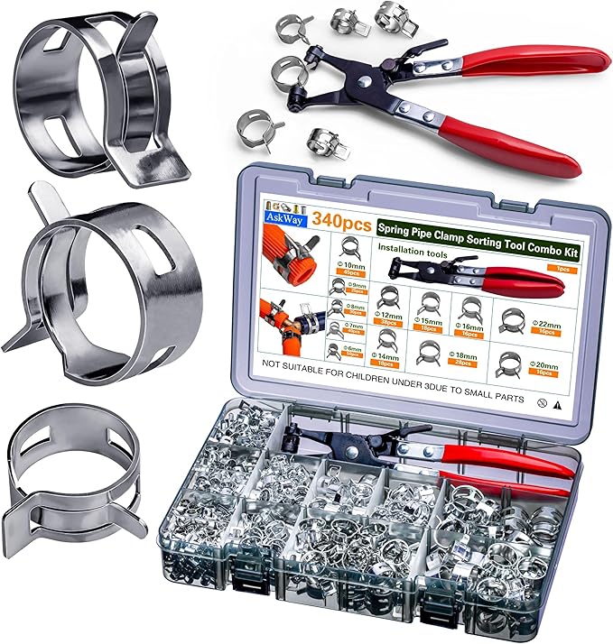 Spring Pipe Clamps340PCS, With Spring Pipe Clamp Tools, 12 Sizes 6-22mm Spring Hose Clamps, Used To Fix Hose Interfaces In Automotive, Marine, Gardening, Industrial Applications