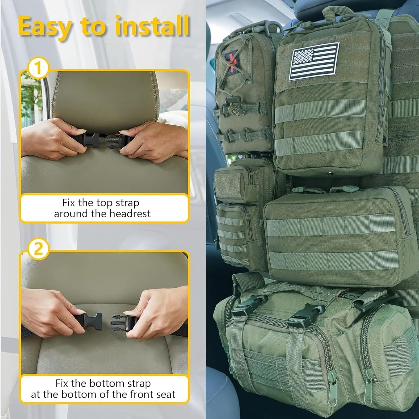 Universal Tactical Seat Back Organizer Vehicle Molle Panel Organizer Storage Bag with 5 Detachable Molle Pouch for All Vehicel Such as Jeep,Truck,SUV, Car, Ford,Chevy etc