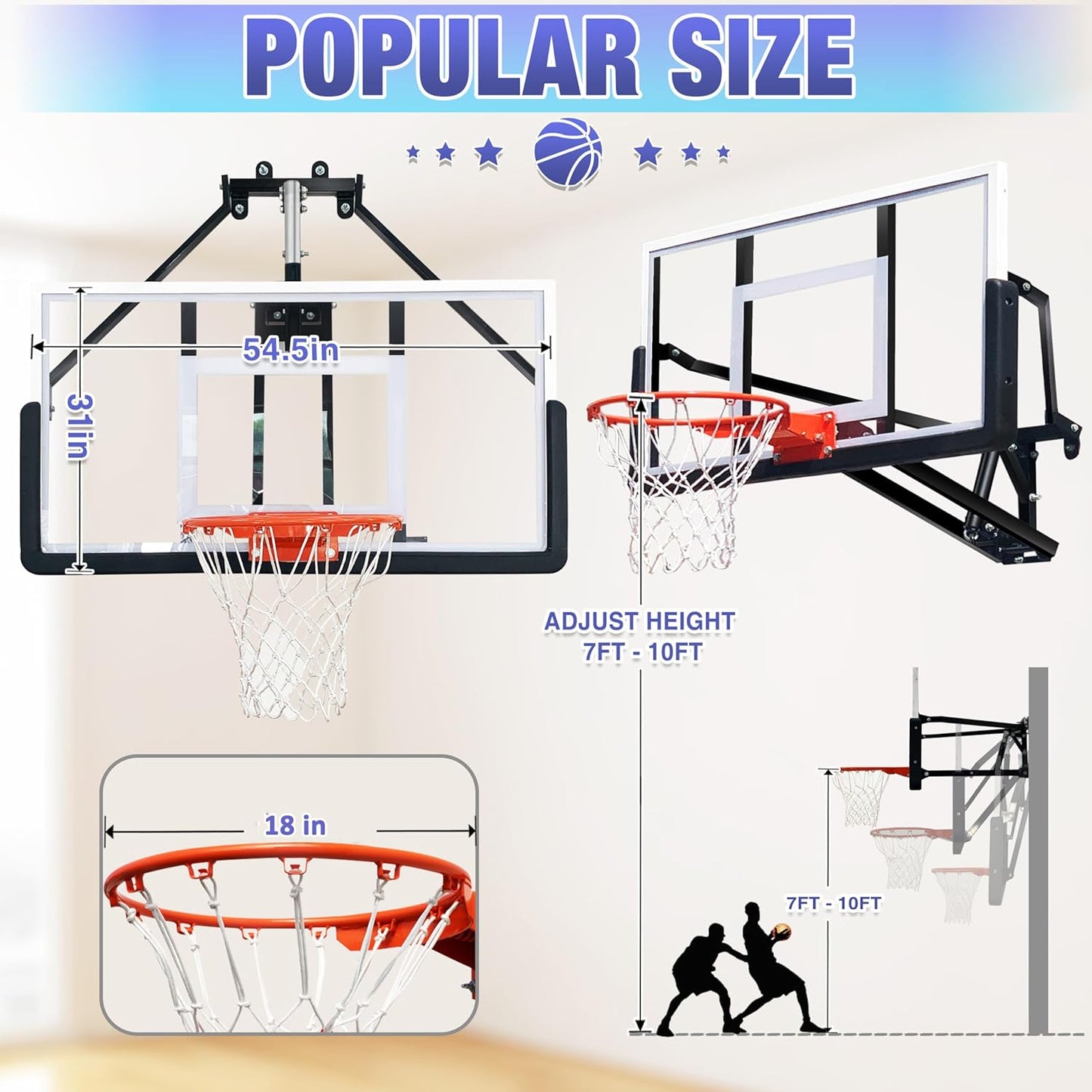 54.5" Wall Mounted Basketball Hoop Adjustable Height Basketball Goal Indoor Outdoor Use Easy Assemble Perfect for Garage Fitness Center Barn School Gym Camp Driveway and More