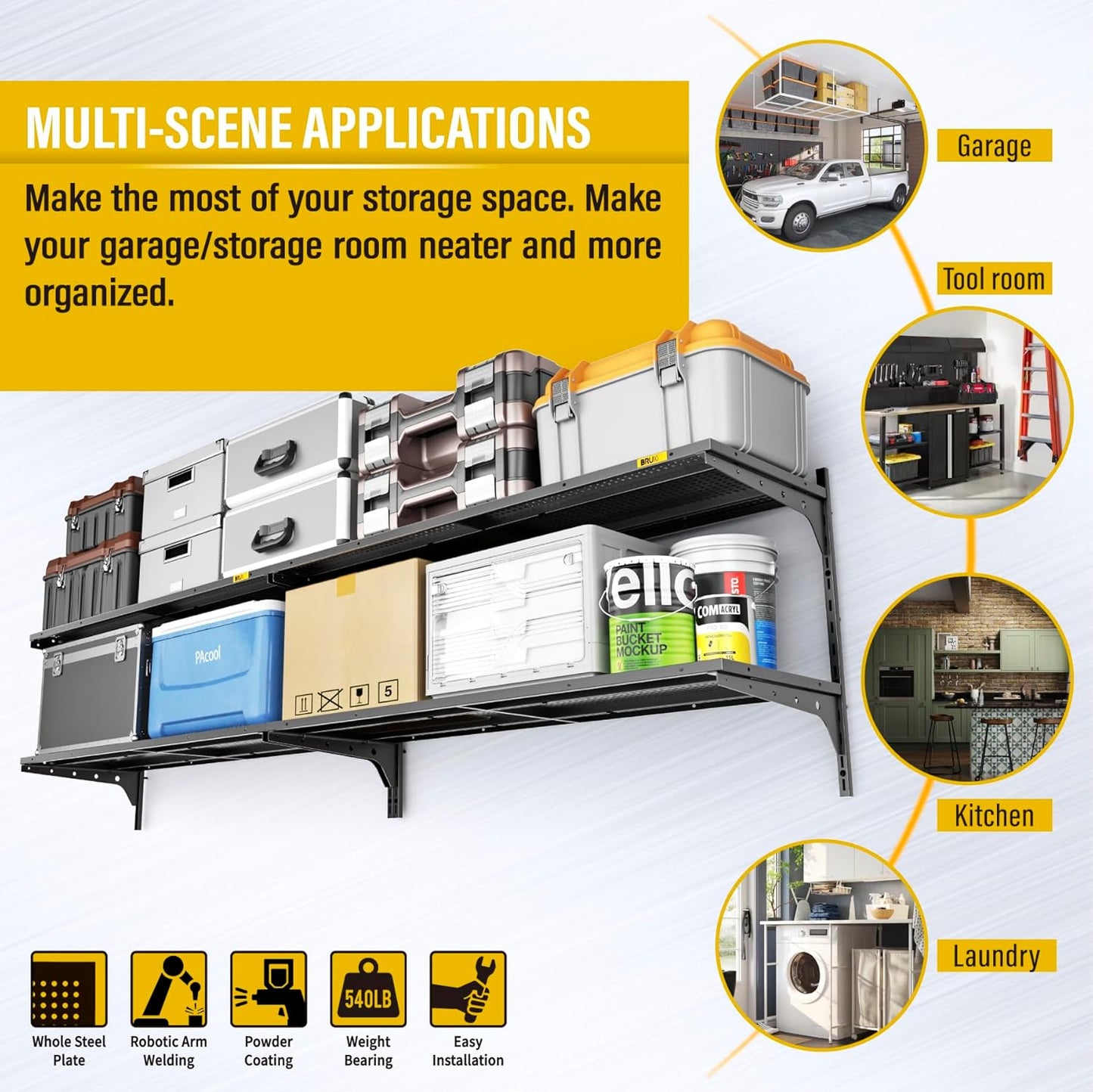 2-Pack 2 Tier 1.3x4ft Garage Shelving Wall Mounted, 800 lbs Load Capacity，15.6x48inch per Shelf Height Cassette Adjustable Floating Shelves(Black)