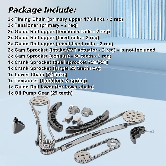 Engine Timing Chain Kit TK10880 Fits for 2006-2011 Azera Entourage Genesis Santa Fe Sonata Sorento Sedona 3.3L 3.5L 3.8L G6DB G6DC G6CD G6DA TK10880 Timing Chain Replacement Parts