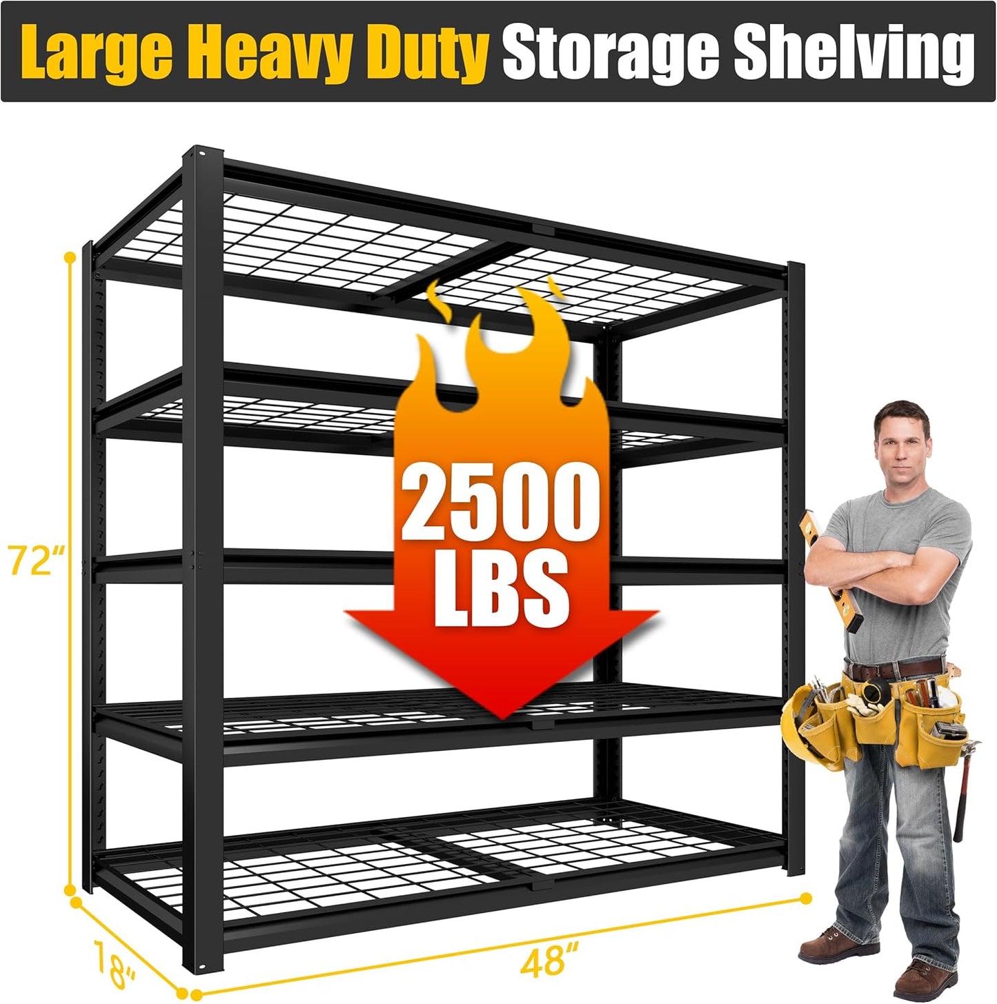 PrimeZone 72" H X 48" W X 18" D Heavy Duty Garage Shelving 5 Tier 2500 LBS Storage Shelves Adjustable Industrial Metal Wire Shelf Unit for Garage,Basement,Pantry,Warehouse,Commercial 2Pack