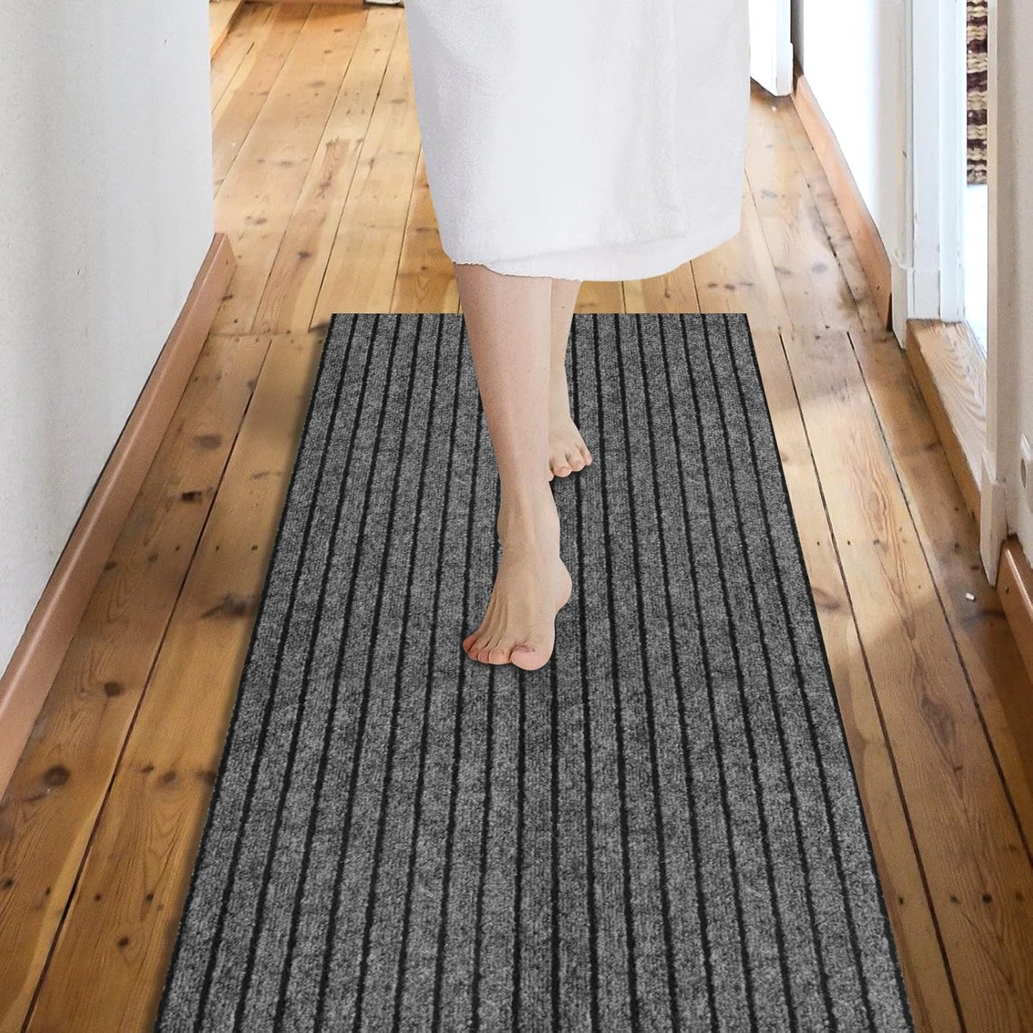 Custom Size Backed Non-Slip Area Rugs Runner, Easy Clean, Waterproof Runner Rugs for Hallway Entryway, Kitchen, Laundry, 4FT x 41FT, Gray Stripe