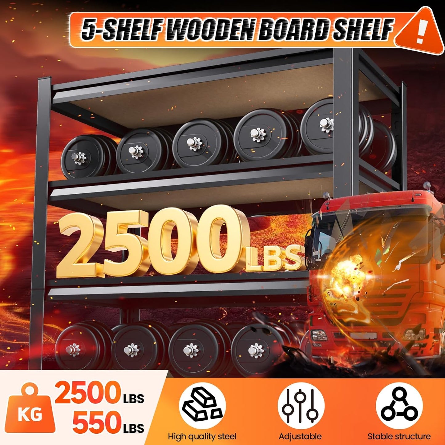 72" H*36'' Storage Shelves 2500lbs Garage Shelving, Adjustable Heavy Duty Garage Shelves, Easy to Install Metal Shelving Wood Shelving Unit, Storage Shelf for Basement Warehouse