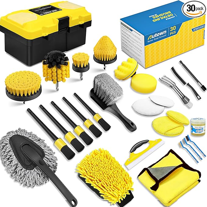 AUTOWN 30PCS Car Detailing Kits, Detailing Brush Set with Drill Brush Attachments and Portable Tool Box, Car Cleaning Kits for Interior, Exterior, Wheels, Windows
