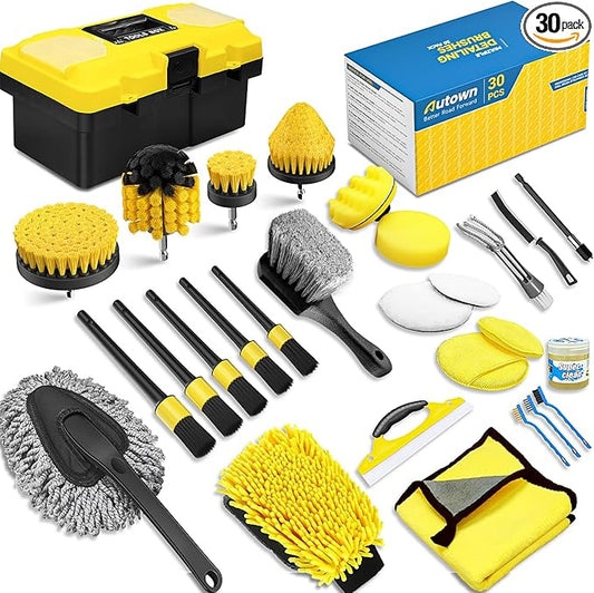 AUTOWN 30PCS Car Detailing Kits, Detailing Brush Set with Drill Brush Attachments and Portable Tool Box, Car Cleaning Kits for Interior, Exterior, Wheels, Windows