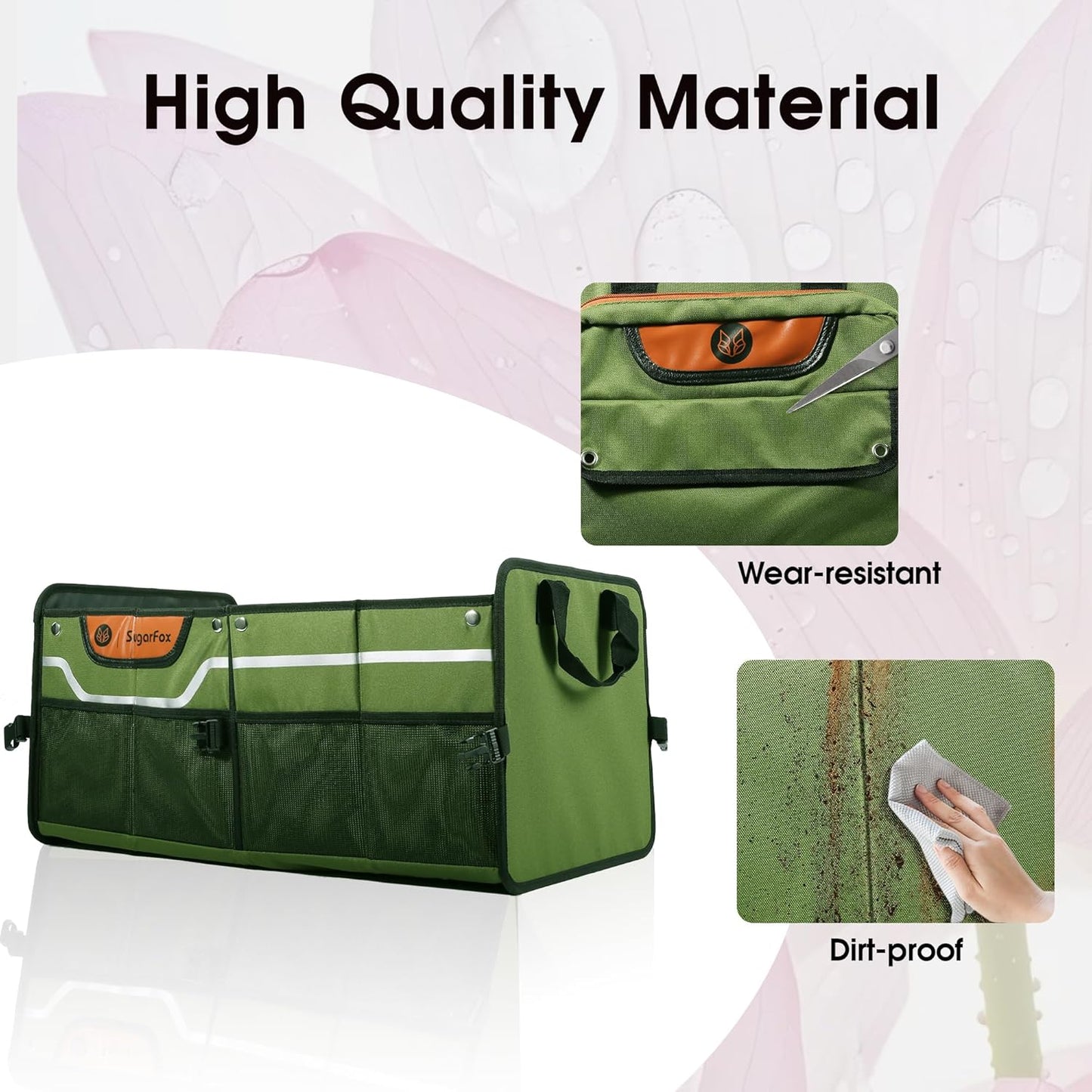 Foldable Waterproof Car Organizer with Non-Slip Traction Rope, 23.2”x13.8”x11.8” Heavy-Duty Trunk Organizer for SUV, Car Essentials List, Portable Vehicle Organizer,GREEN-M003