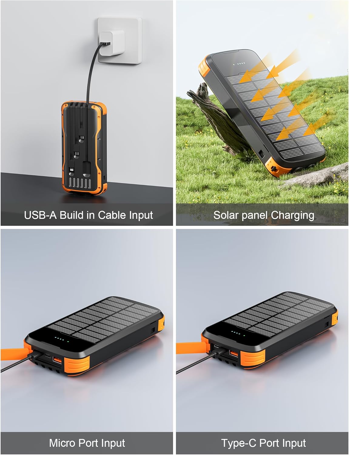 Solar Charger Power Bank, 40000mAh Portable Phone Charger Built in 4 Cables with USB C in/Output, PD 20W Fast Charging Portable Charger, External Battery Pack with Dual Bright Flashlights