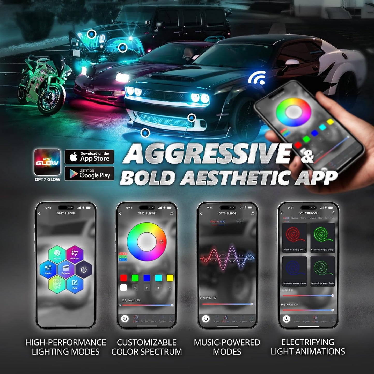 OPT7 Aura Pro RGB LED Grille Lights with App & Remote Control, 4pcs 12" Light Strips, Waterproof Front Grill Valence, Music Sync, Multi-Color Exterior Lighting Kit, Universal for Cars Trucks Vans SUV