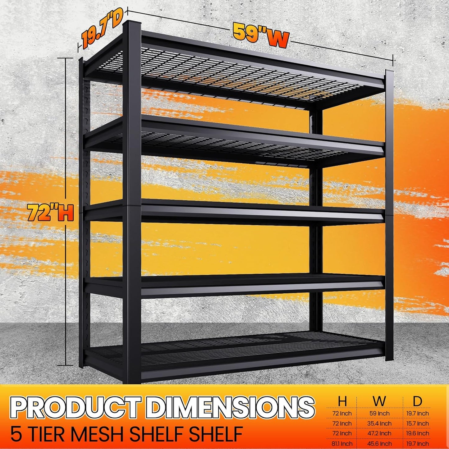 Large Garage Shelving, 5-Tier Garage Storage Shelves 3000LBS Heavy Duty Shelving Unit, Adjustable Steel Metal Shelving, Wire Shelves for Garag, Utility Rack Shelf for Basement, 72”H×59”W×19.7”D