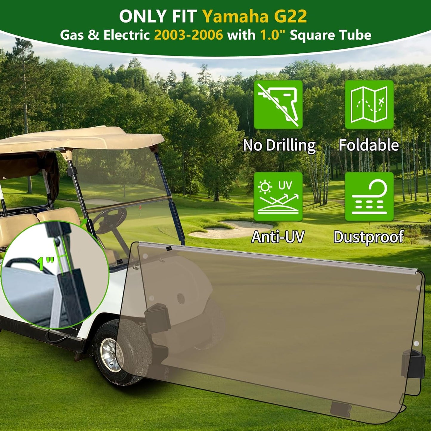 Golf Cart Foldable Windshield 3/16" (5MM) Thicken Only Fits 2003-2006 Yamaha G22, Fits 1"×1" Strut Rail Front Folding Acrylic Windshield Replacement, Included Mounting Hardware - Tinted