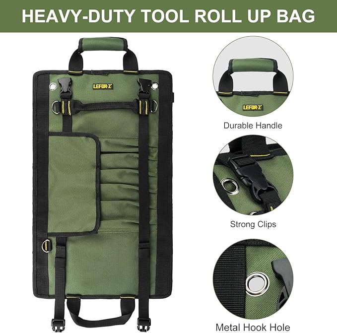 Tool Bag,Large Roll Up Tool Bag Organizer,13 Pockets Tool Roll Storage Pouch,Heavy Duty Portable Tool Storage Carrier Bag for Men,Mechanic,Electrician & Hobbyist,Green